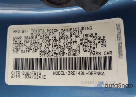 2013 Toyota Corolla Le z USA, uszkodzony, nr VIN 5YFBU4EE5DP155857